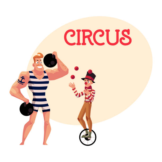 ilustrações de stock, clip art, desenhos animados e ícones de circus performers - strong man and clown juggling balls riding unicycle - standing on one leg white background strength balance