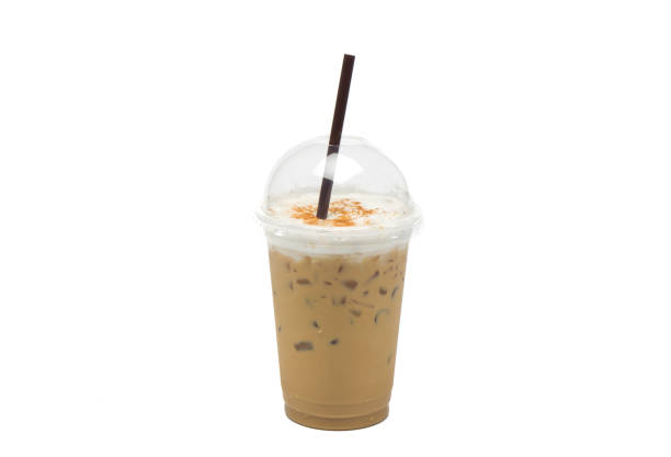 Iced latte or iced coffee in takeaway cup on white background