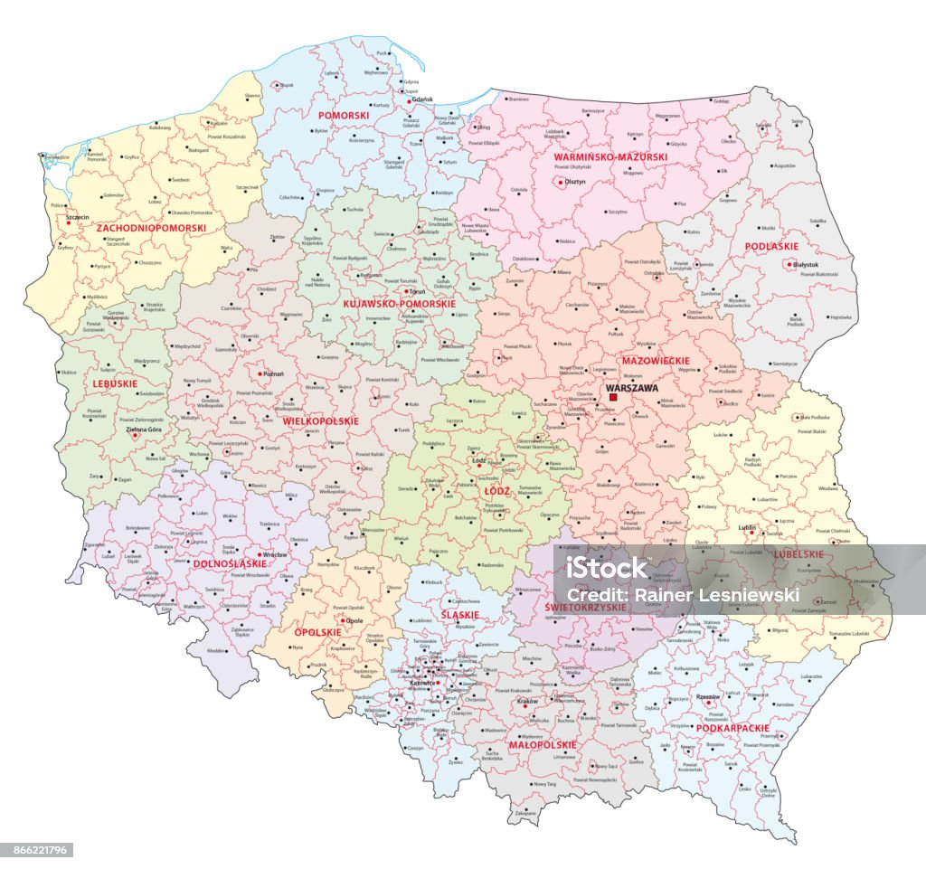 Administrative and political map of Poland Administrative and political vector map of Poland Map stock vector