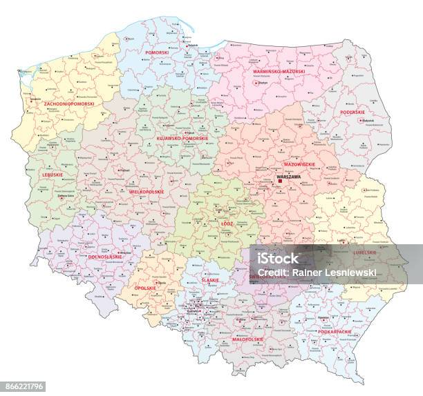 Administrative And Political Map Of Poland Stock Illustration - Download Image Now - Map, Poland, Vector