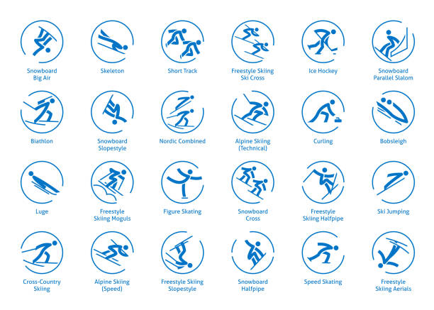 Winter sports icons set Winter sports icons set, vector pictograms for web, print and other projects. All . species of events 2018 stock illustrations