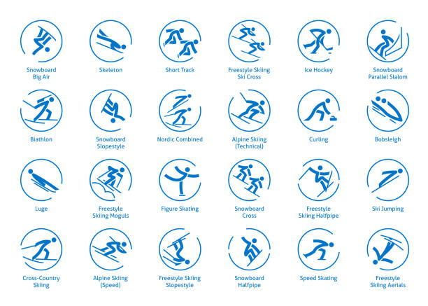Winter sports icons set Winter sports icons set, vector pictograms for web, print and other projects. All . species of events short track speed skating stock illustrations