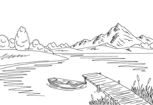 ilustrações, clipart, desenhos animados e ícones de lago ponte gráfico preto branca paisagem desenho ilustração vector - riverbank