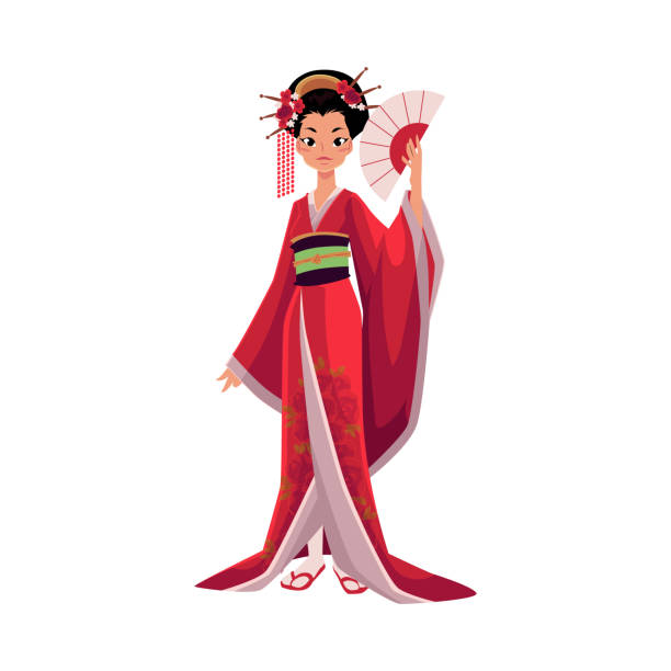Japanese geisha in kimono holding fan, symbol of Japan Japanese geisha in kimono holding fan, symbol of Japan, cartoon vector illustration isolated on white background. Full length portrait of typical Japanese geisha in traditional kimono geisha costume stock illustrations
