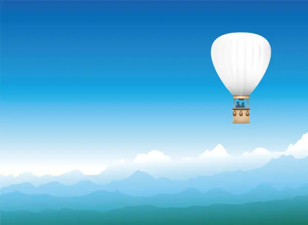 Vector illustration of Hot air balloon tranquilly drifting through a misty blue mountain landscape - white flying vehicle with two occupants enjoying their freedom, the great view and the mystical panorama.