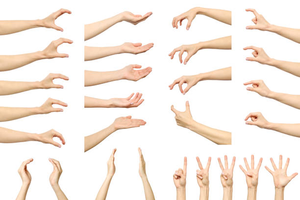 여자의 손 측정 하는 보이지 않는 항목의 집합입니다. 흰색 절연 - 인간 손 뉴스 사진 이미지