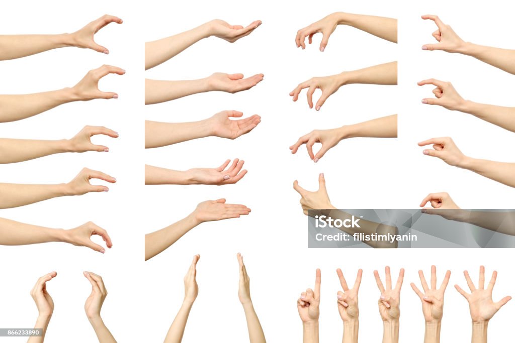 Set of woman's hand measuring invisible items. Isolated on white Hand Stock Photo