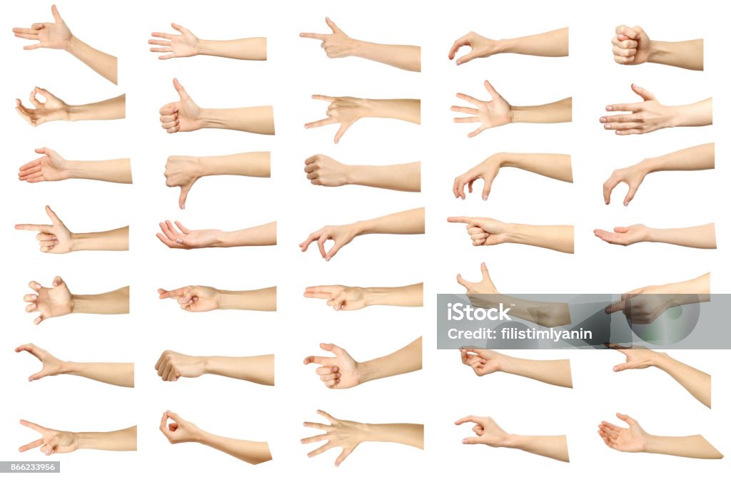 Set di immagini multiple di gesti della mano caucasici femminili isolati su sfondo bianco. Parte della serie - Foto stock royalty-free di Mano