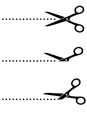 black scissors icon set with cut line on white background