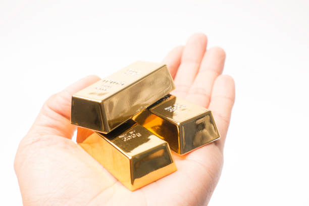 gold bars in man hand isolated on white background