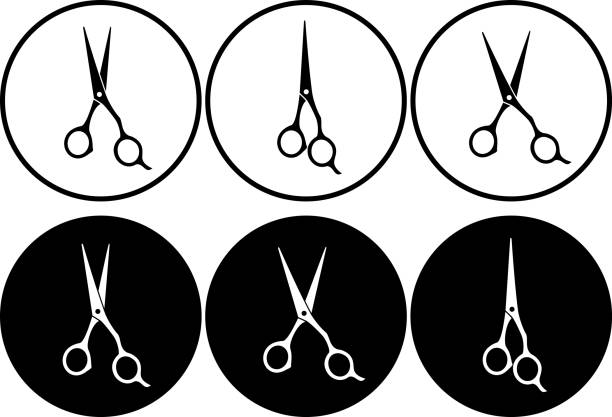 illustrations, cliparts, dessins animés et icônes de set de ciseaux professionnels dans cadre rond - salon de beauté
