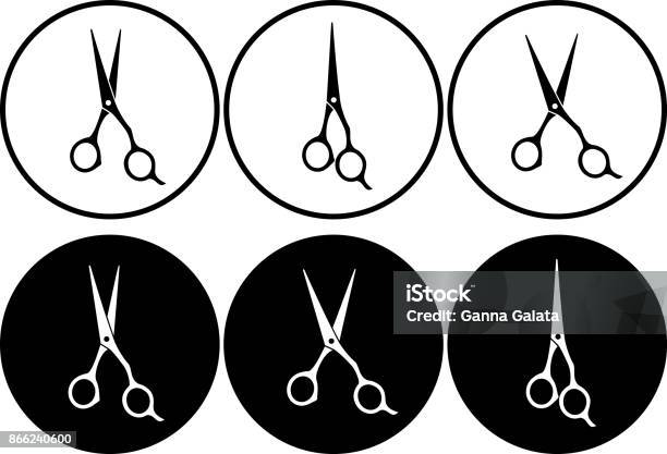 Set De Ciseaux Professionnels Dans Cadre Rond Vecteurs libres de droits et plus d'images vectorielles de Ciseaux - Ciseaux, Coiffeur, Logo