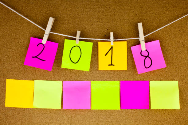istock A Conceptual yellow Hand writing caption inscription written sticky note with word 2018 With black ink on a sticky note pinned to a colourful cork notice board 866244678