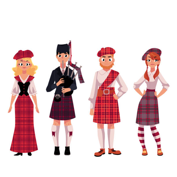 Scottish people in traditional national costumes, tartan berets and kilts Scottish people in traditional national costumes, tartan berets and kilts, cartoon vector illustration isolated on white background. Set of Scottish people, men and women, in tartan, plaid and kilts kilt stock illustrations