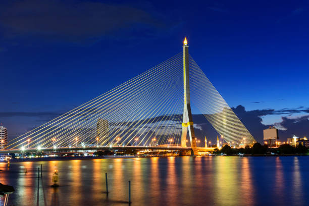 gran puente de la suspensión en el tiempo de la puesta del sol - phumiphon aduldet fotografías e imágenes de stock