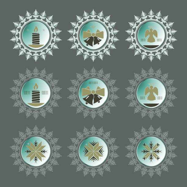 christmas snowflake, set silhouette of a Christmas snowflake of green hue, with symbols of the new year bell sleeve stock illustrations
