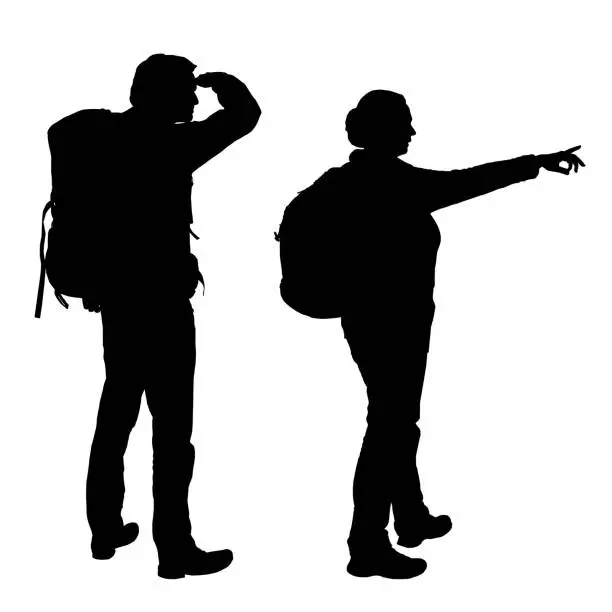 Vector illustration of Realistic vector silhouettes of men and women with backpacks on back showing hand and looking away, isolated on white background