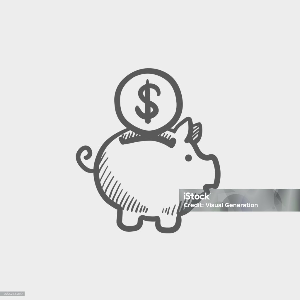 Piggy bank and dollar coin sketch icon Piggy bank and dollar coin sketch icon for web, mobile and infographics. Hand drawn vector dark grey icon isolated on light grey background. Piggy Bank stock vector