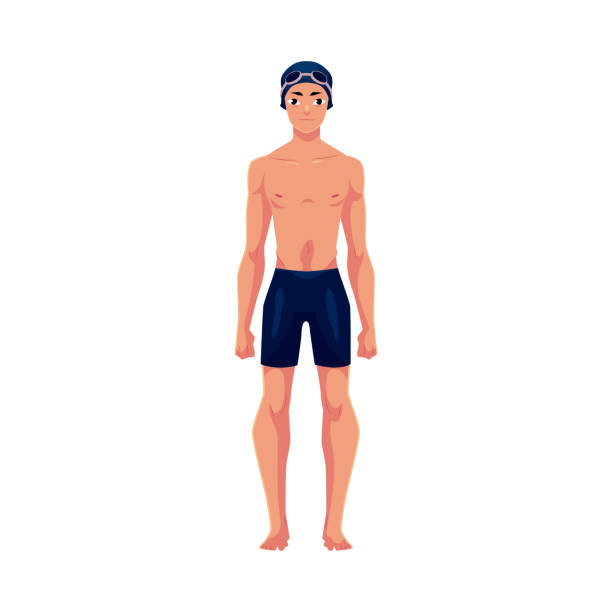 przystojny młody mężczyzna, pływak w kostiumie kąpielowym, czapce i goglach - men swimwear full length fashion model stock illustrations
