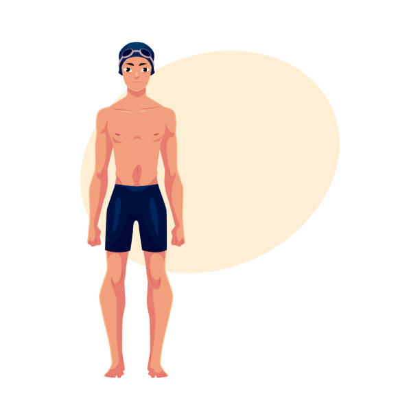przystojny młody mężczyzna, pływak w kostiumie kąpielowym, czapka - men swimwear full length fashion model stock illustrations