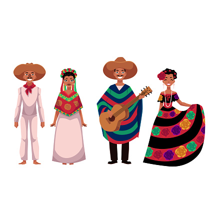 Set of Mexican people, men and women, in traditional national costumes, cartoon vector illustration isolated on white background. People of Mexico, Mexican men and women in national clothes