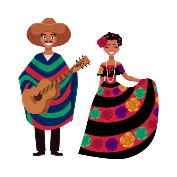 Vector illustration of Mexican man and woman in traditional national clothes, festival, celebration