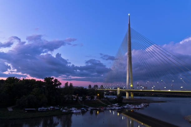 istock Cable bridge at twilight over Sava river near Ada island, Belgrade 866275558