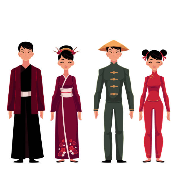 Set of people, men and women, in traditional national costumes Set of people, men and women, in traditional national costumes, cartoon vector illustration isolated on white background. People of China in Chinese national clothes, garments, costumes modern geisha stock illustrations
