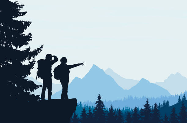Realistic vector illustration of a night mountain landscape with trees and standing tourist with a backpack, with space for text Realistic vector illustration of a night mountain landscape with trees and standing tourist with a backpack, with space for text nature silhouettes stock illustrations