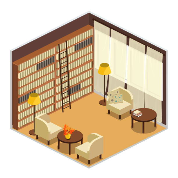 комната частной библиотеки в изометрическом виде, векторная иллюстрация изолированных слоев - book titles shelf library stock illustrations