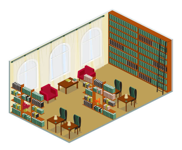 raum der öffentlichen bibliothek in isometrische ansicht, vektor-illustration isoliert-layern - book titles shelf library stock-grafiken, -clipart, -cartoons und -symbole