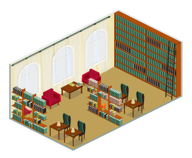 комната публичной библиотеки в изометрическом представлении, векторная иллюстрация изолированных слоев - book titles shelf library stock illustrations