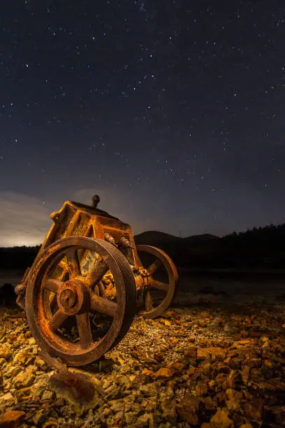 Photo of Mining rusty wagon at night in Rio Tinto, Huelva, Andalusia, Spain.