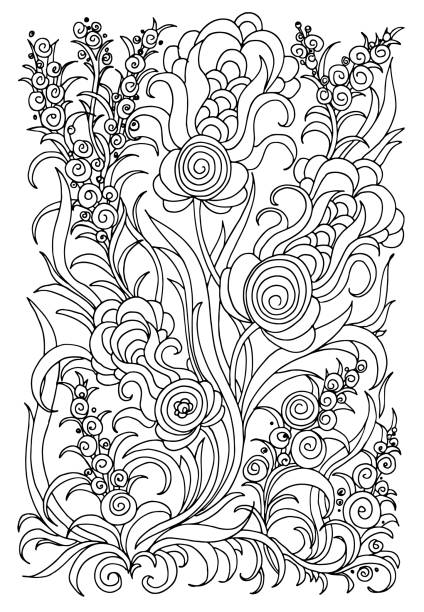 Background with flowers and plants. Black and white doodle vector illustration. Coloring book for adult and older children. Coloring page. Outline drawing. Background with flowers and plants. Black and white doodle vector illustration. Coloring book for adult and older children. Coloring page. Outline drawing. adult coloring pages mandala stock illustrations