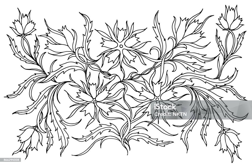 Background with flowers and plants. Black and white doodle vector illustration. Coloring book for adult and older children. Coloring page. Outline drawing. Abstract stock vector