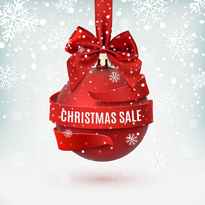 Christmas sale, decoration with red bow and ribbon around, on winter background. Greeting card, brochure or poster template. Vector illustration.