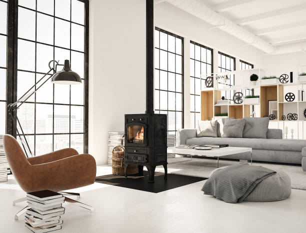 istock 3d rendering. living room with cast iron fireplace in modern loft apartment. 866299114