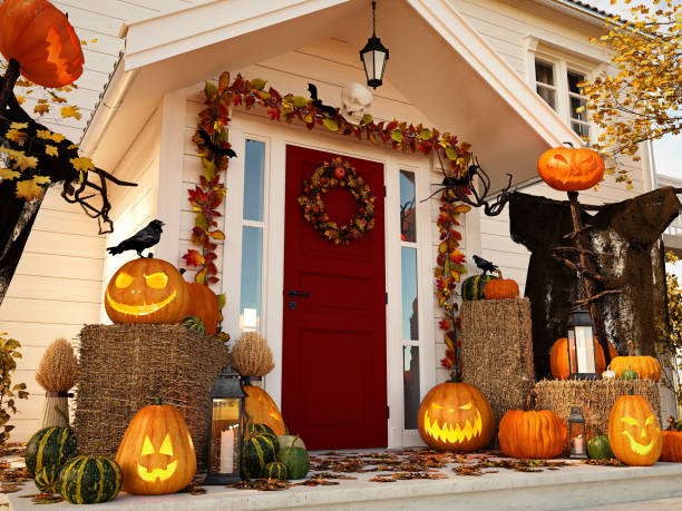 istock halloween decorated house with pumpkins. 3d rendering 866299230