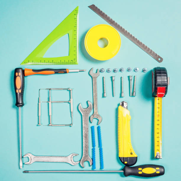 istock Home improvement concept. Set work hand tool for construction or repair of house 866310336