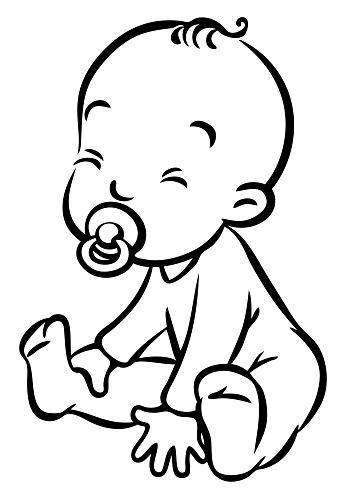 Funny small baby, boy or girl, sitting in romper with dummy. Children vector illustration or coloring book