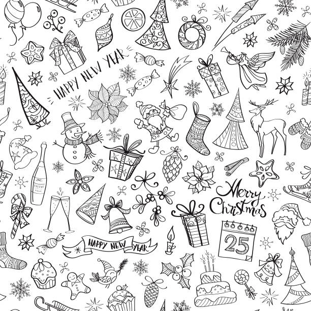 Hand drawn christmas elements seamless pattern Set of vector illustration icon doodles in black and white, with lettering "merry christmas" and "happy new year" arranged in a seamless pattern. christmas cookies pattern stock illustrations