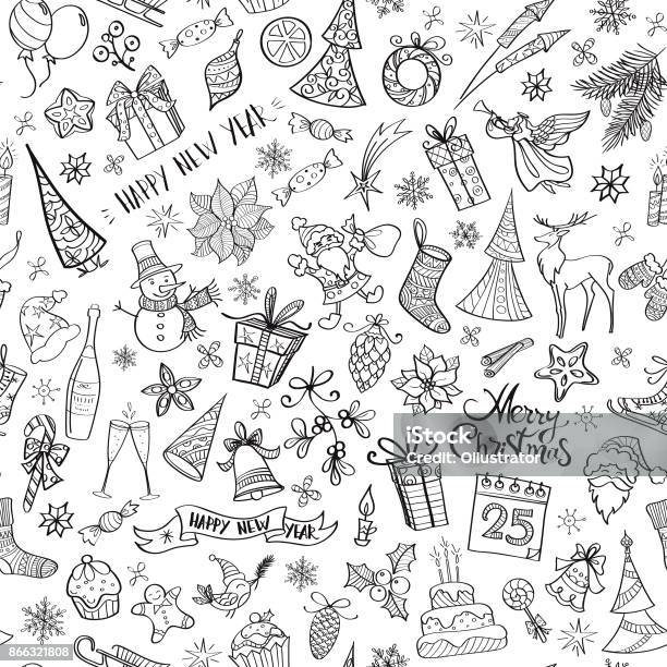 Hand Drawn Christmas Elements Seamless Pattern Stock Illustration - Download Image Now - Christmas, Illustration, Doodle