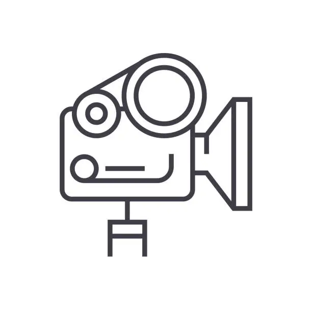 Vector illustration of movie camera linear icon, sign, symbol, vector on isolated background