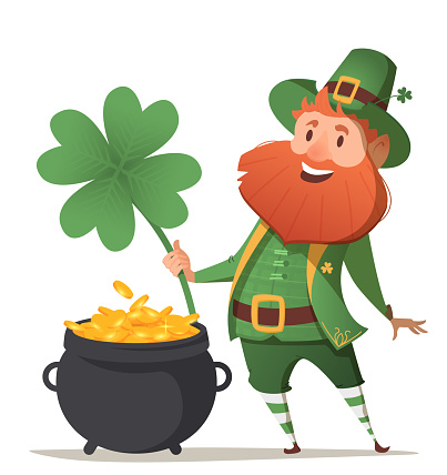 Leprechaun with a pot of gold and four leaf clover and luck. Illustration for St. Patrick's Day. Vector illustration.