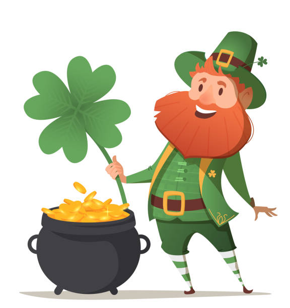 Leprechaun with a pot of gold and four leaf clover Leprechaun with a pot of gold and four leaf clover and luck. Illustration for St. Patrick's Day. Vector illustration. leprechaun hat stock illustrations