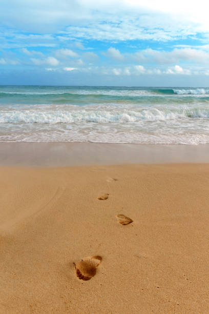 foot prints on beach sand near sea wave background.