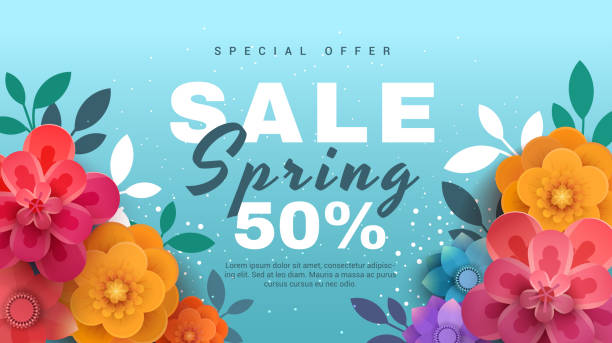 ilustraciones, imágenes clip art, dibujos animados e iconos de stock de banner de venta de primavera con flores de papel sobre un fondo azul. - spring background