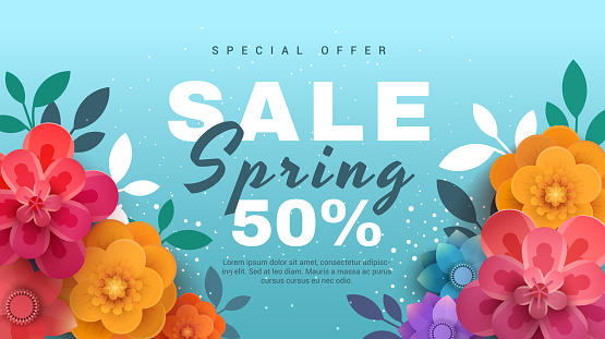 Spring sale banner with paper flowers on a blue background. Banner perfect for promotions, magazines, advertising, web sites. Vector illustration.