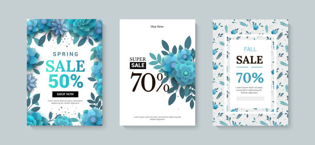 Set of sale banner with paper flowers on a white background. vector art illustration