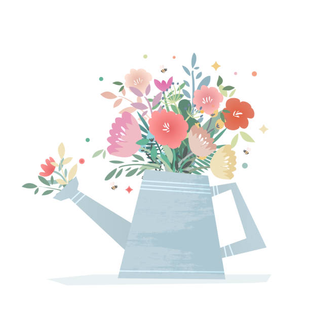 bright composition of flowers in a garden watering can. vector art illustration